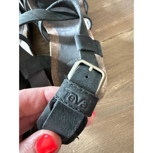 Teva Mahonia Wedge Sandal Size 9 Black Leather Cross Strap Cork Sole - Picture 4 of 6